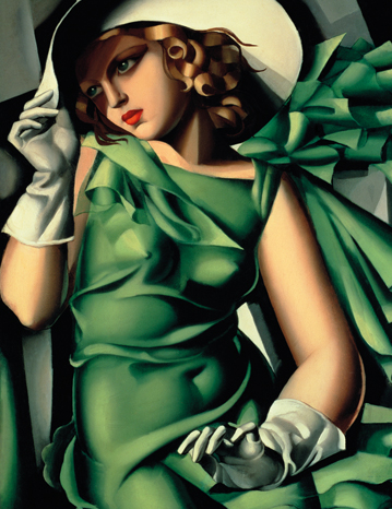 Close-up view of an art deco print showcasing green accents